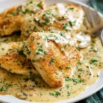 Golden-brown chicken breasts covered in a rich, creamy Dijon mushroom sauce with parsley on a white plate, perfect for a Creamy Dijon Chicken Skillet.