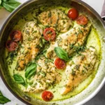 A close-up of a Creamy Pesto Chicken Skillet featuring chicken breasts, cherry tomatoes, and fresh basil in a rich green sauce.