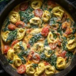 A close-up overhead shot of a pan filled with creamy spinach tomato tortellini, garnished with fresh herbs and grated cheese.