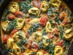 A close-up overhead shot of a pan filled with creamy spinach tomato tortellini, garnished with fresh herbs and grated cheese.
