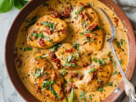 Four succulent pieces of Creamy Sun Dried Chicken in a rich pan sauce, garnished with basil and sun-dried tomatoes, ready to serve.