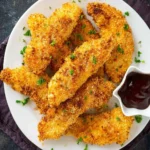A plate of golden-brown Crispy Oven Chicken Tenders garnished with fresh parsley and a side of dark dipping sauce.