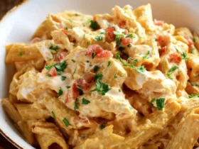 A close-up of a bowl filled with creamy Crock Pot Cheesy Chicken Taco Pasta, garnished with fresh parsley and diced tomatoes.