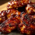 Close-up of delicious Crockpot BBQ Chicken pieces, glistening with sauce and slightly charred, on a dark surface.