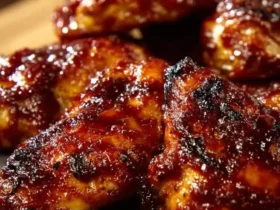 Close-up of delicious Crockpot BBQ Chicken pieces, glistening with sauce and slightly charred, on a dark surface.