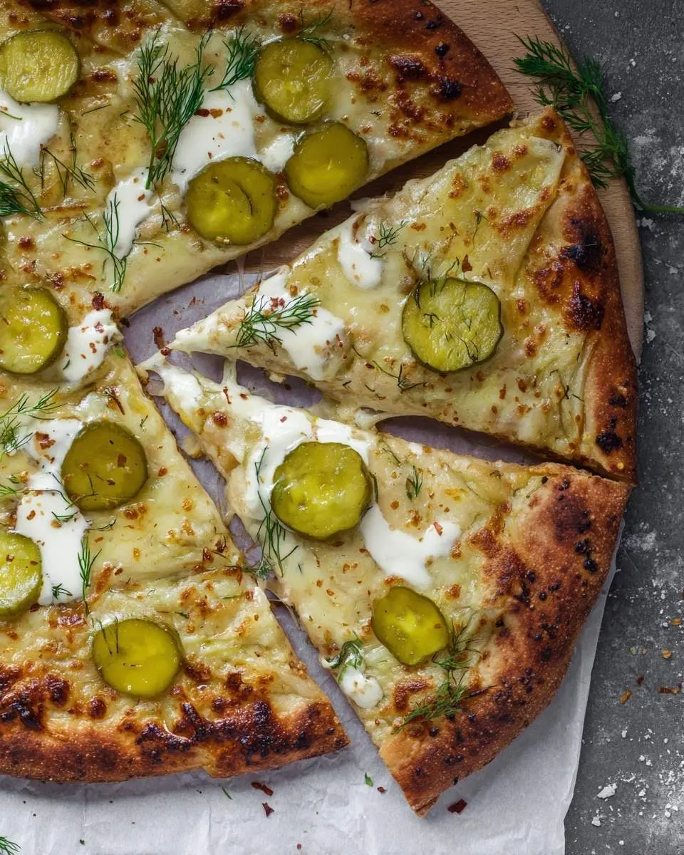 Dill pickle garlic pizza 29 Slices of a savory dill pickle garlic pizza topped with tangy pickle coins, creamy white sauce, and fresh dill on a wooden board.