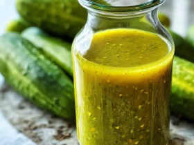 Dill pickle hot sauce 44 A clear glass jar filled with vibrant green dill pickle hot sauce, with fresh whole cucumbers in the background.