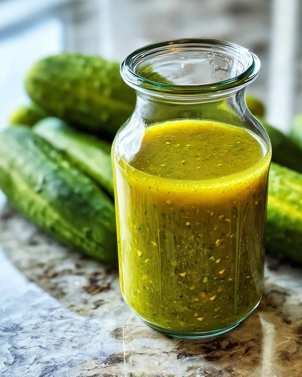 A clear glass jar filled with vibrant green dill pickle hot sauce, with fresh whole cucumbers in the background.