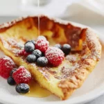 A golden Dutch Baby pancake with berries and powdered sugar, being drizzled with syrup on a white plate.