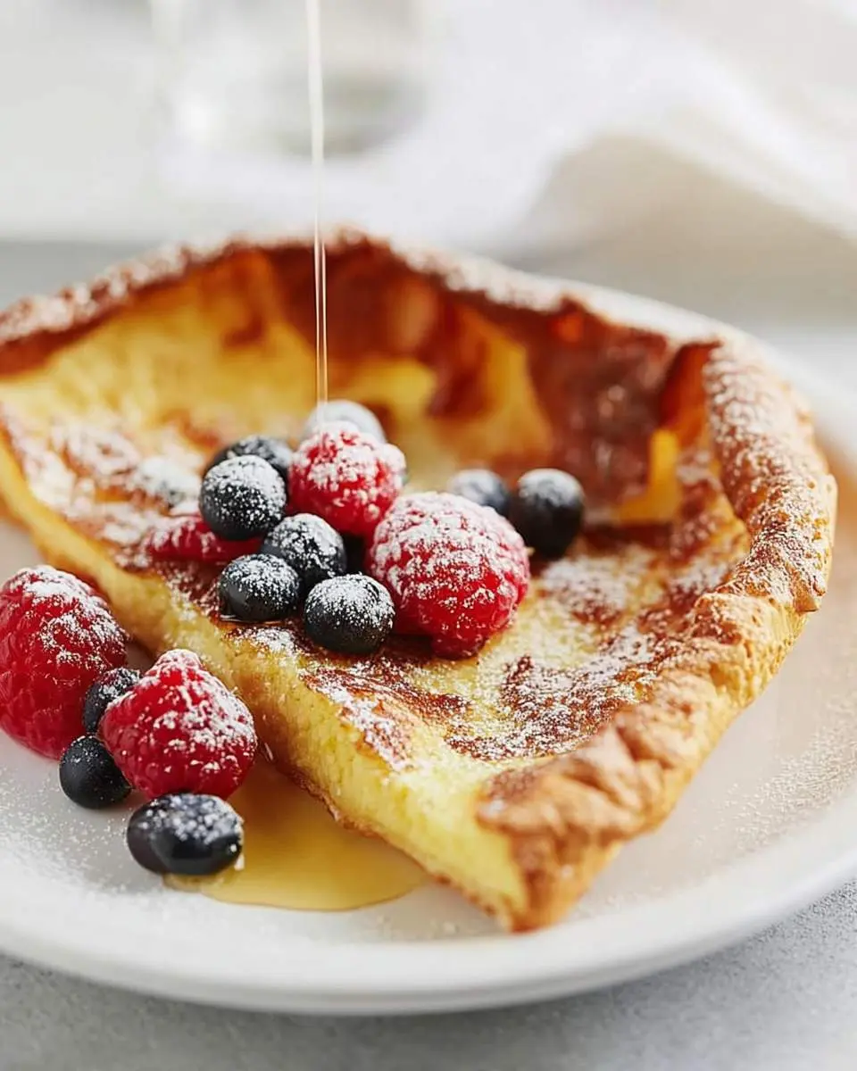 Dutch Baby 29 A golden Dutch Baby pancake with berries and powdered sugar, being drizzled with syrup on a white plate.