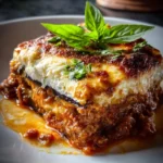 A close-up of a delicious slice of eggplant lasagna with a rich tomato meat sauce, creamy white topping, and fresh basil.