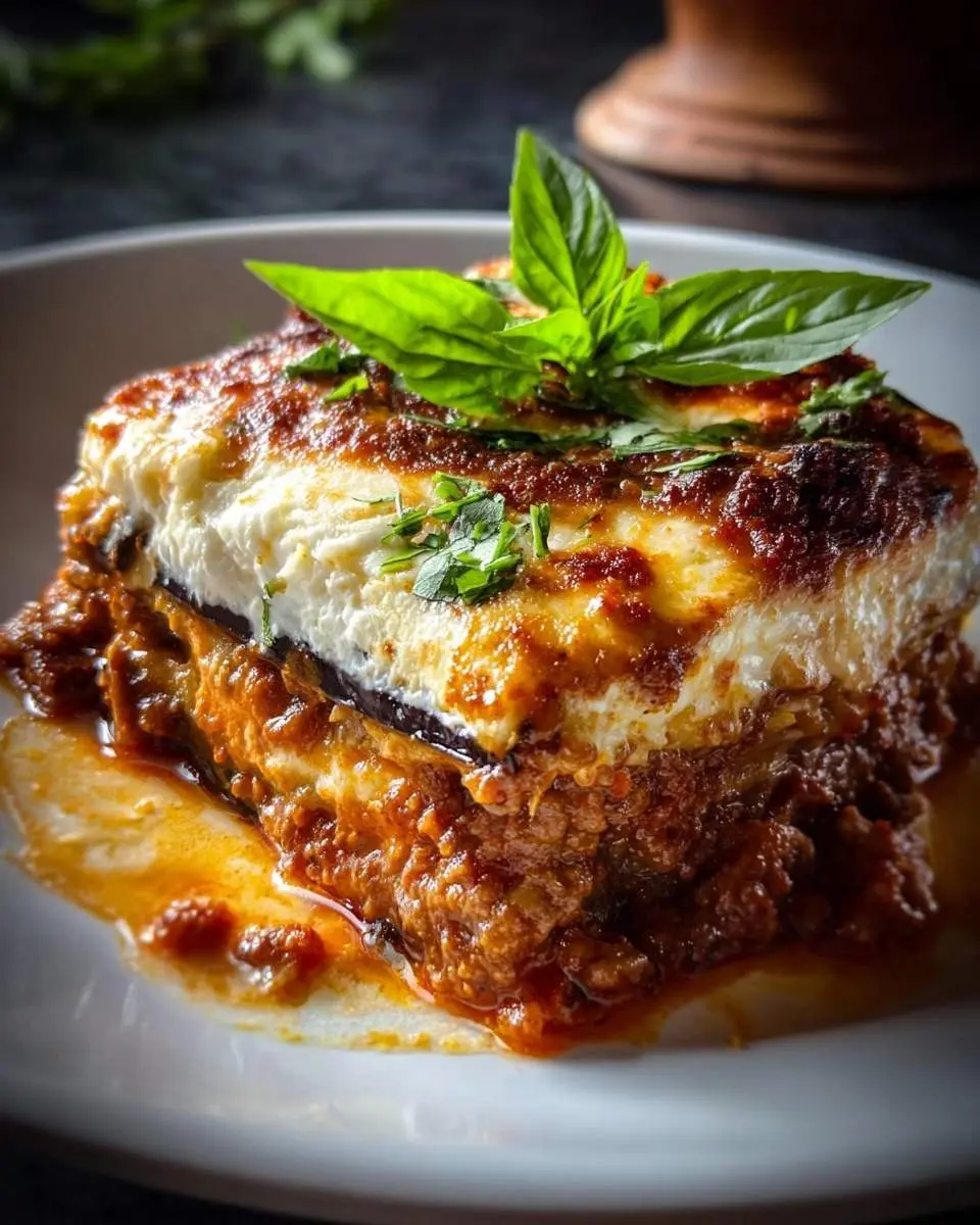Eggplant lasagna 29 A close-up of a delicious slice of eggplant lasagna with a rich tomato meat sauce, creamy white topping, and fresh basil.