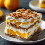 A slice of Filipino Mango Float dessert on a plate, featuring layers of cream, bright yellow mango pieces, and crushed biscuits.