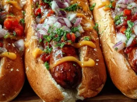 Three vibrant Firecracker Hot Dogs, loaded with relish, diced red onions, and mustard, presented on a wooden board.