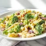 A close-up of a vibrant Fresh Broccoli Pasta Salad on a white plate, featuring rotini pasta, green broccoli florets, and red onion in a creamy dressing.