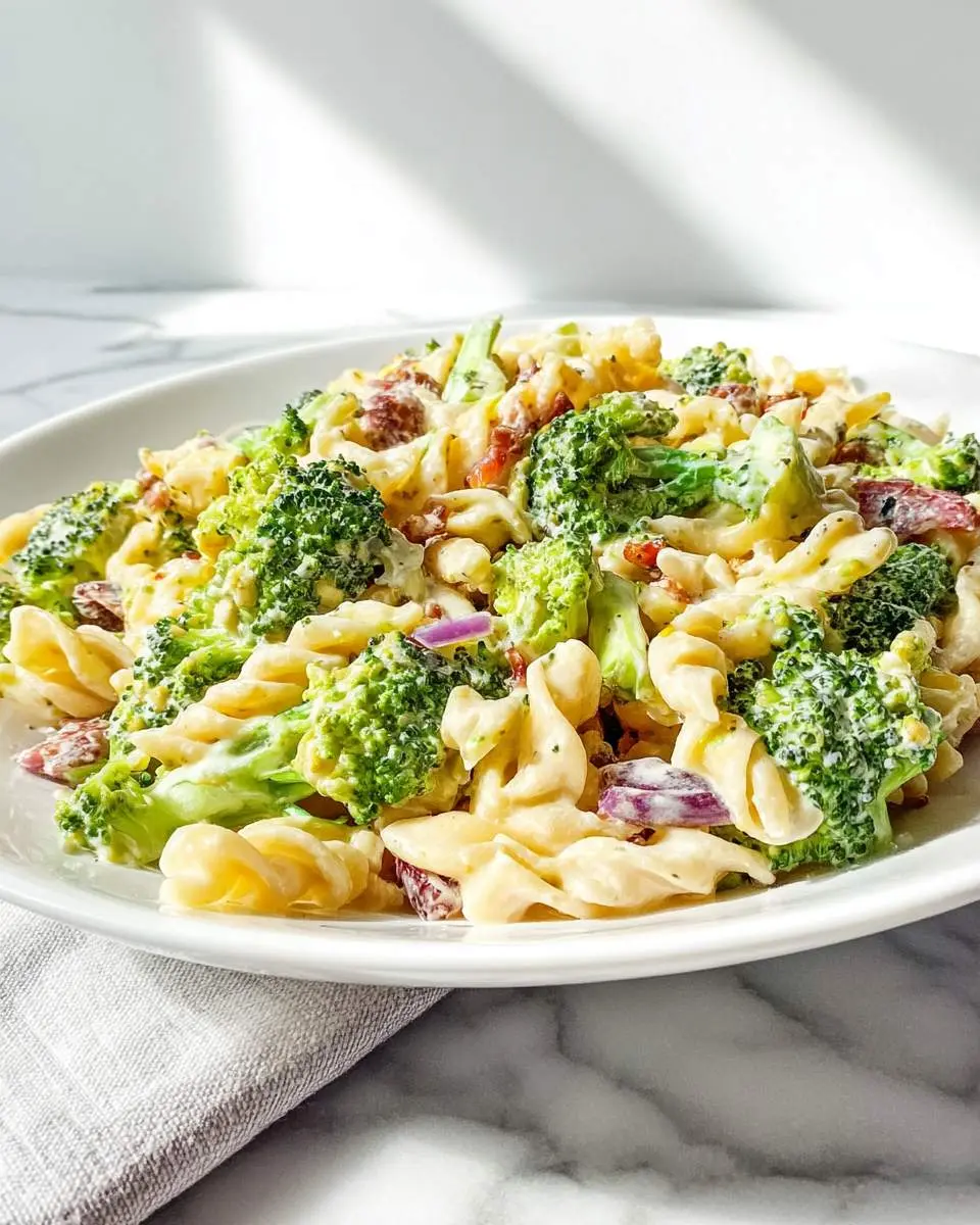 A close-up of a vibrant Fresh Broccoli Pasta Salad on a white plate, featuring rotini pasta, green broccoli florets, and red onion in a creamy dressing.