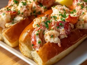 Two delectable garlic butter lobster rolls piled high with succulent lobster meat and fresh chives, served with lemon wedges.