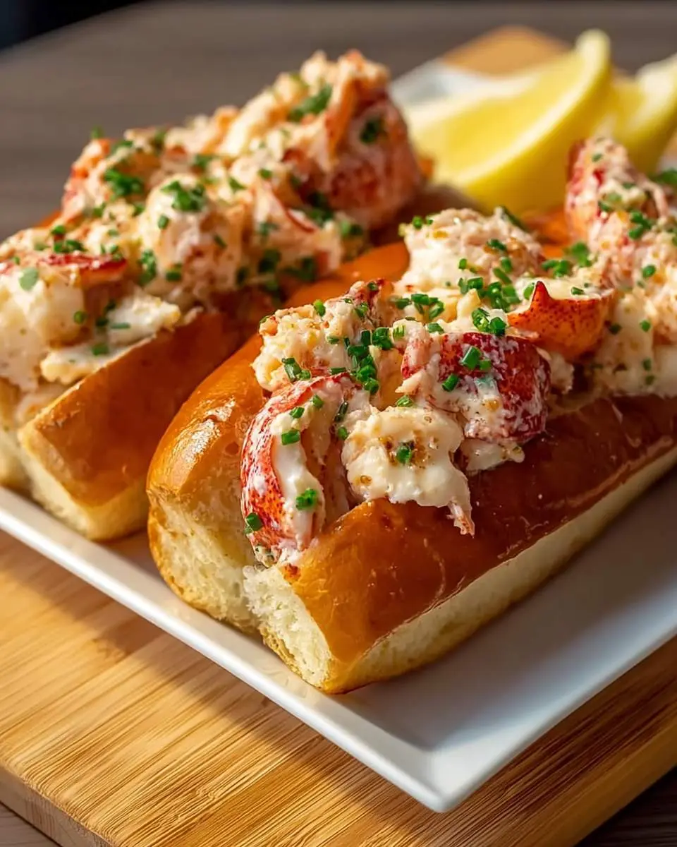 Two delectable garlic butter lobster rolls piled high with succulent lobster meat and fresh chives, served with lemon wedges.