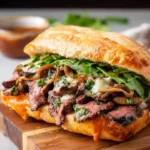 A delicious Garlic Butter Ribeye Steak Sandwich overflowing with tender steak, melted cheese, caramelized onions, and fresh arugula.