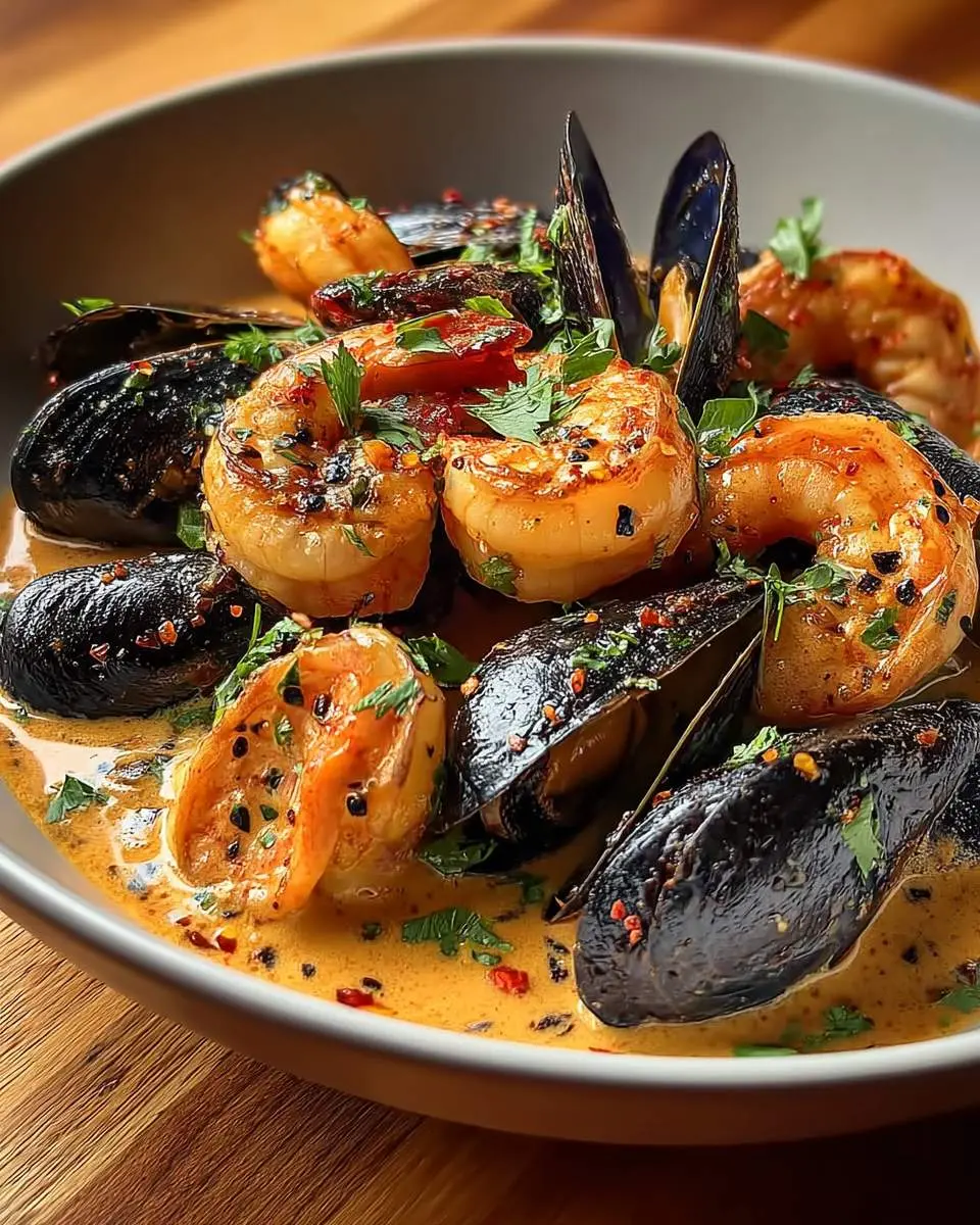 Garlic Shrimp and Mussels 28 A close-up of a delicious bowl of Garlic Shrimp and Mussels in a rich, creamy sauce, garnished with fresh herbs.