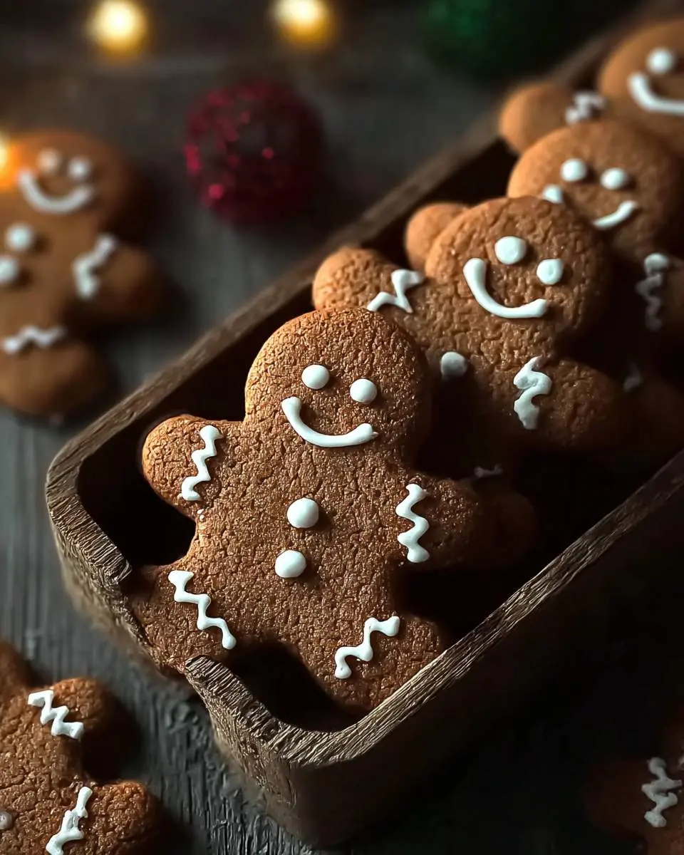 A wooden box filled with smiling gingerbread cookies and more scattered on a rustic table, with festive lights in the background.