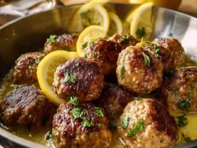 A close-up of a pan filled with savory Greek meatballs in lemon sauce, garnished with fresh parsley and lemon slices.
