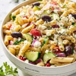 A vibrant bowl of Greek Pasta Salad featuring penne, cucumbers, tomatoes, olives, red onion, and crumbled feta cheese.
