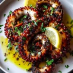 A close-up shot of perfectly charred Grilled Octopus tentacles, garnished with fresh parsley and lemon slices, resting in a pool of olive oil on a white plate.