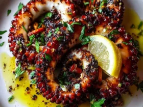 A close-up shot of perfectly charred Grilled Octopus tentacles, garnished with fresh parsley and lemon slices, resting in a pool of olive oil on a white plate.
