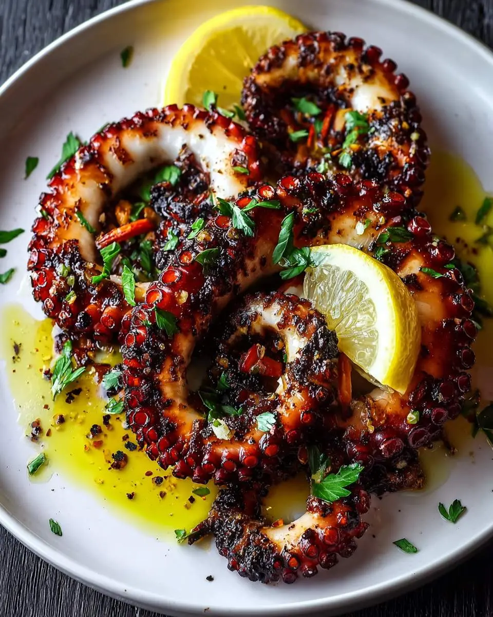Grilled Octopus 28 A close-up shot of perfectly charred Grilled Octopus tentacles, garnished with fresh parsley and lemon slices, resting in a pool of olive oil on a white plate.