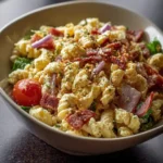 A close-up of a delicious grinder pasta salad in a white bowl, featuring macaroni, crispy bacon, red onion, and a cherry tomato.