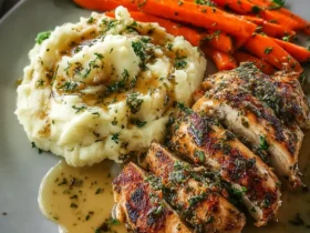 A delectable plate featuring herb chicken with mashed potatoes and glazed carrots, drizzled with savory gravy.