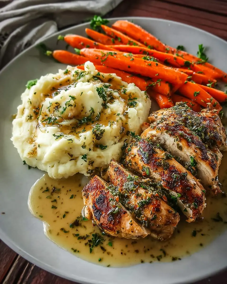 A delectable plate featuring herb chicken with mashed potatoes and glazed carrots, drizzled with savory gravy.