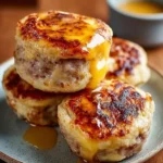 A stack of golden-brown Homemade McGriddle Muffins drizzled with syrup, with more muffins and a syrup bowl in the background.