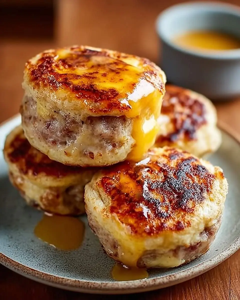 Homemade McGriddle Muffins 29 A stack of golden-brown Homemade McGriddle Muffins drizzled with syrup, with more muffins and a syrup bowl in the background.