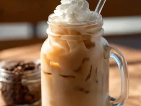 Iced dirty chai latte topped with whipped cream in a glass mason jar with a straw.