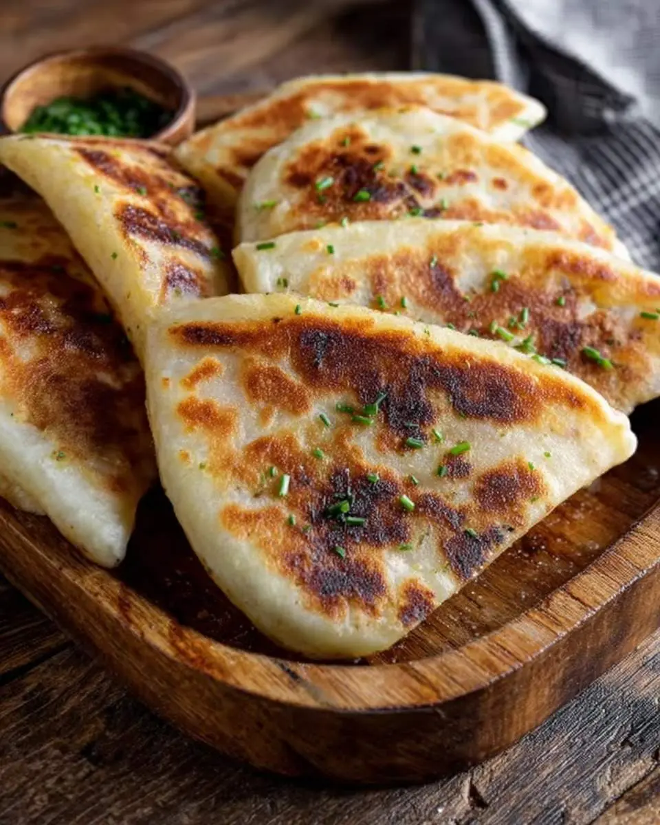 A close-up view of several golden-brown Irish Potato Farls, garnished with fresh chives, served on a rustic wooden board.