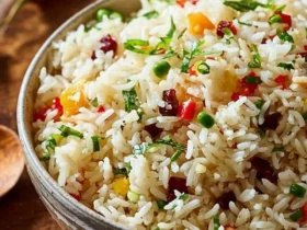 A vibrant bowl of Island Coconut Pepper Rice, featuring fluffy white grains mixed with colorful peppers, peas, and fresh herbs.