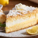 A delicious slice of Italian Lemon Cream Cake, showing layers of fluffy sponge, creamy lemon filling, and whipped topping, dusted with powdered sugar.