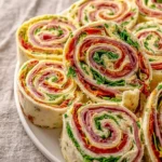 Close-up of a plate filled with vibrant Italian pinwheel sandwiches, showcasing their delicious layers of meats, cheese, and greens.
