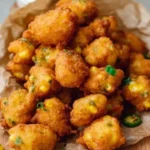 A pile of golden-fried Jalapeno Corn Nuggets on brown paper, with a creamy dip in the background.