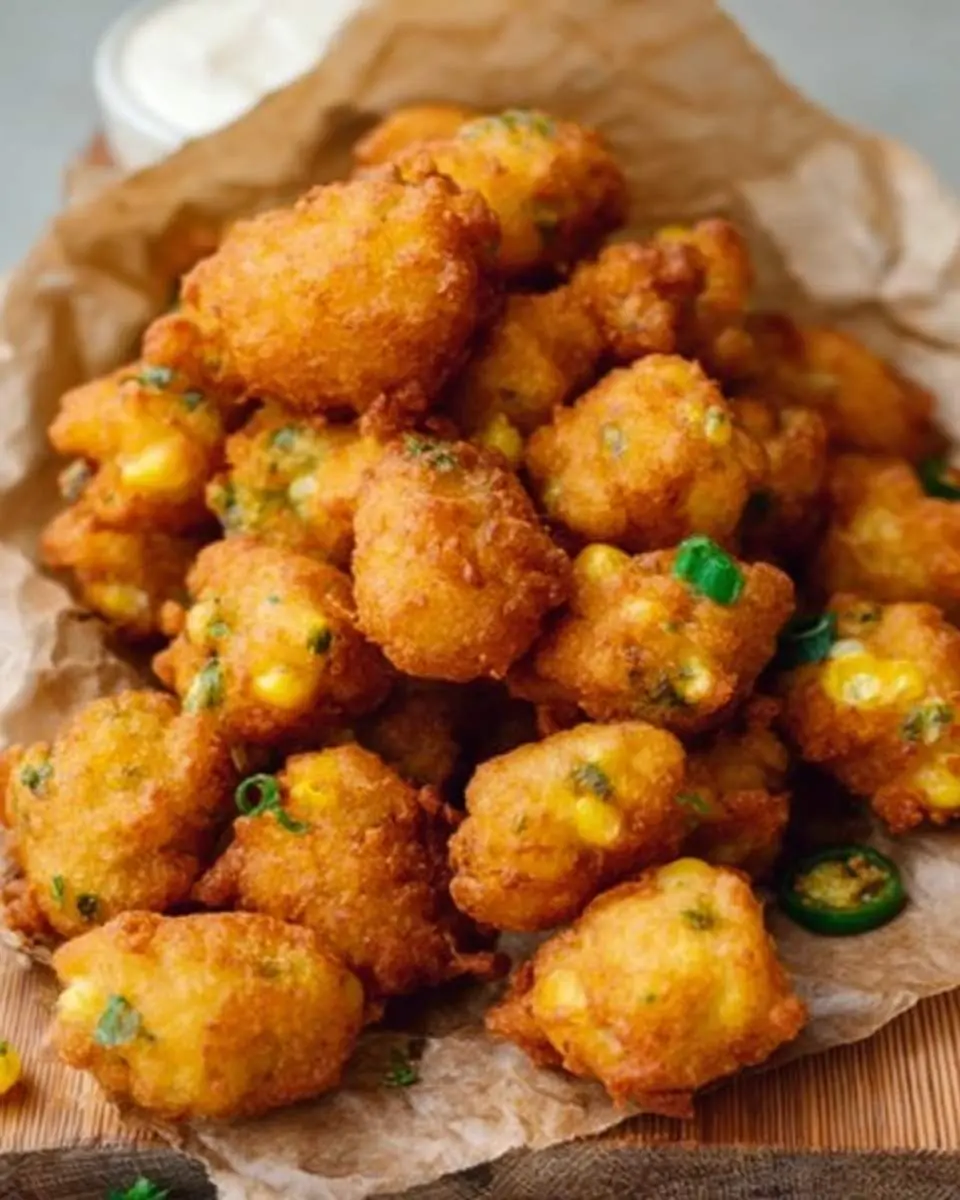 Jalapeno Corn Nuggets 25 A pile of golden-fried Jalapeno Corn Nuggets on brown paper, with a creamy dip in the background.