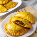 Golden flaky Jamaican Beef Patties on white plates, one cut open to reveal savory spiced ground beef filling.
