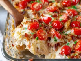 A wooden spoon serves a generous portion of warm Kentucky Hot Brown Casserole, garnished with cherry tomatoes, bacon, and herbs.