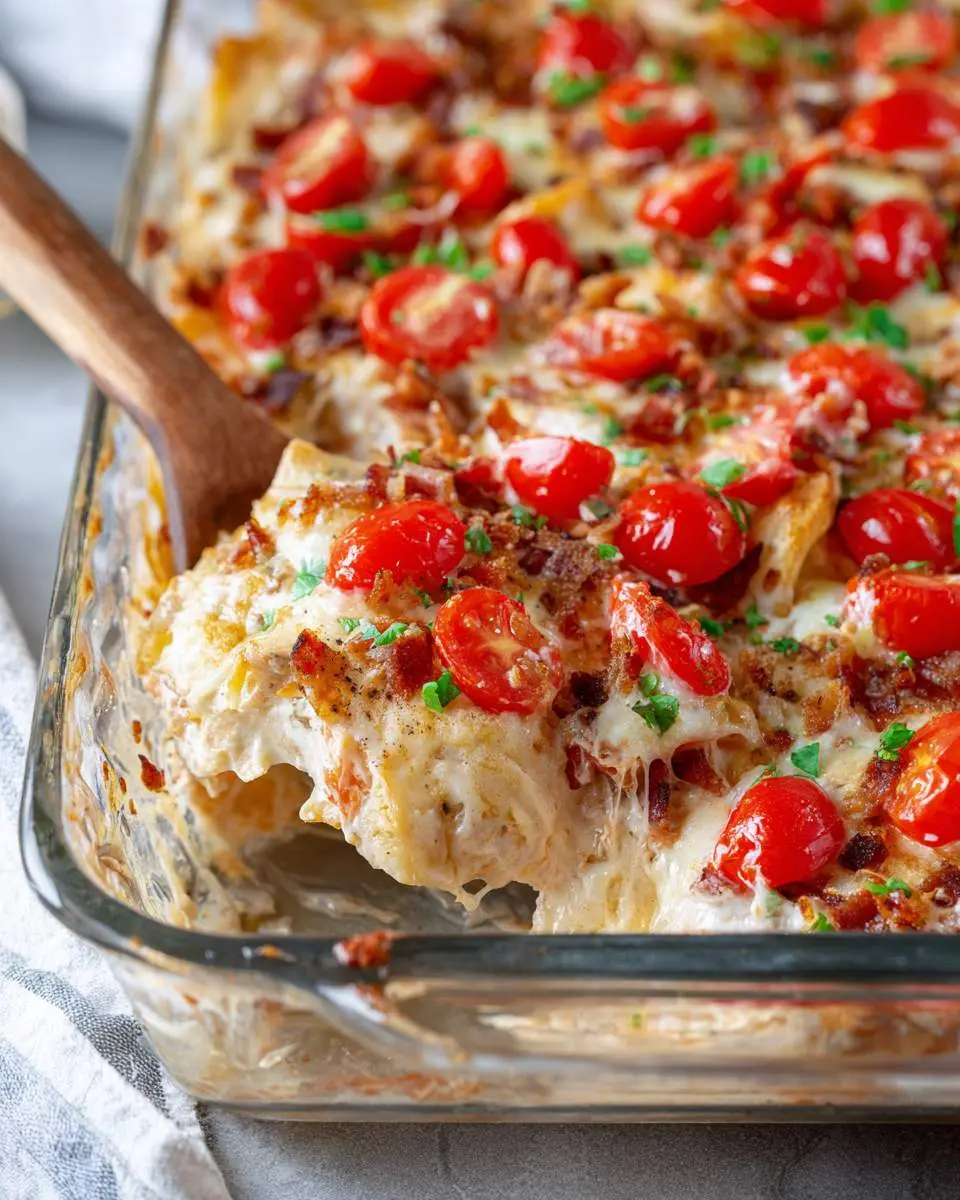 A wooden spoon serves a generous portion of warm Kentucky Hot Brown Casserole, garnished with cherry tomatoes, bacon, and herbs.