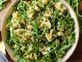 A vibrant bowl of Lemon Arugula Pasta Salad with farfalle, fresh greens, herbs, pine nuts, and Parmesan cheese, garnished with a halved lemon.