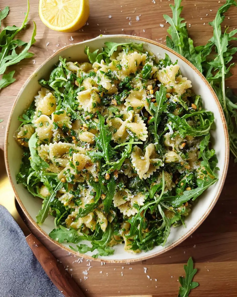 A vibrant bowl of Lemon Arugula Pasta Salad with farfalle, fresh greens, herbs, pine nuts, and Parmesan cheese, garnished with a halved lemon.