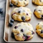 A close-up of freshly baked Lemon Blueberry Cookies with a sweet white glaze and visible blueberries on a baking sheet, with a few fresh blueberries scattered nearby.