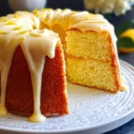 A delicious lemon cake with a slice cut out, drizzled with sweet glaze and garnished with lemon zest on a white plate.