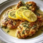 A close-up of golden-brown Lemon Chicken Romano served on a white plate, garnished with fresh lemon slices and herbs, in a savory sauce.